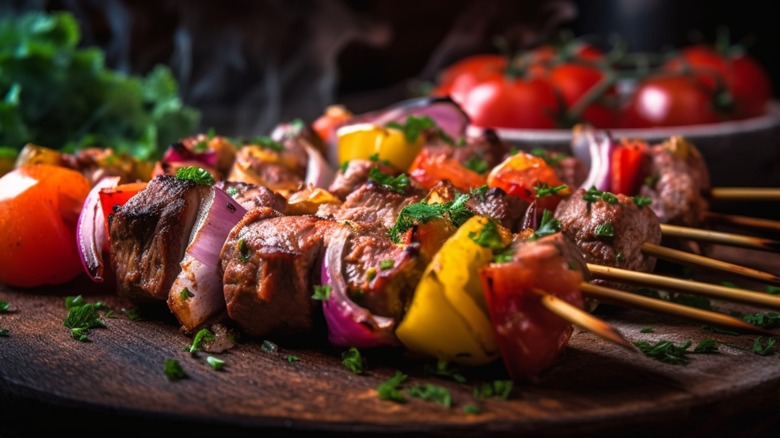 grilled steak and vegetable kebab skewers