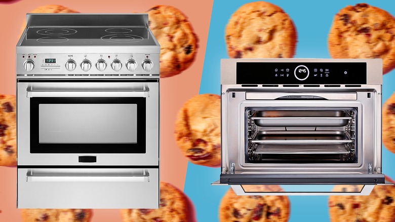 A split image of a conventional oven next to a convection oven with cookies in background