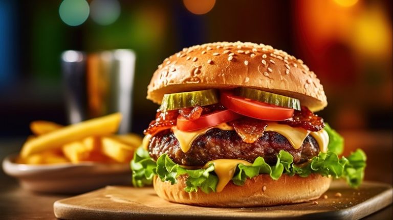 Burger on wooden plate