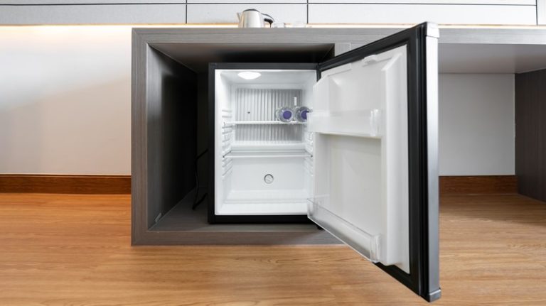 hotel mini fridge, with door open