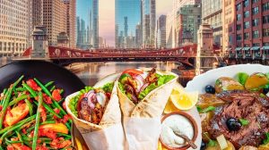 Greek dishes with Chicago cityscape